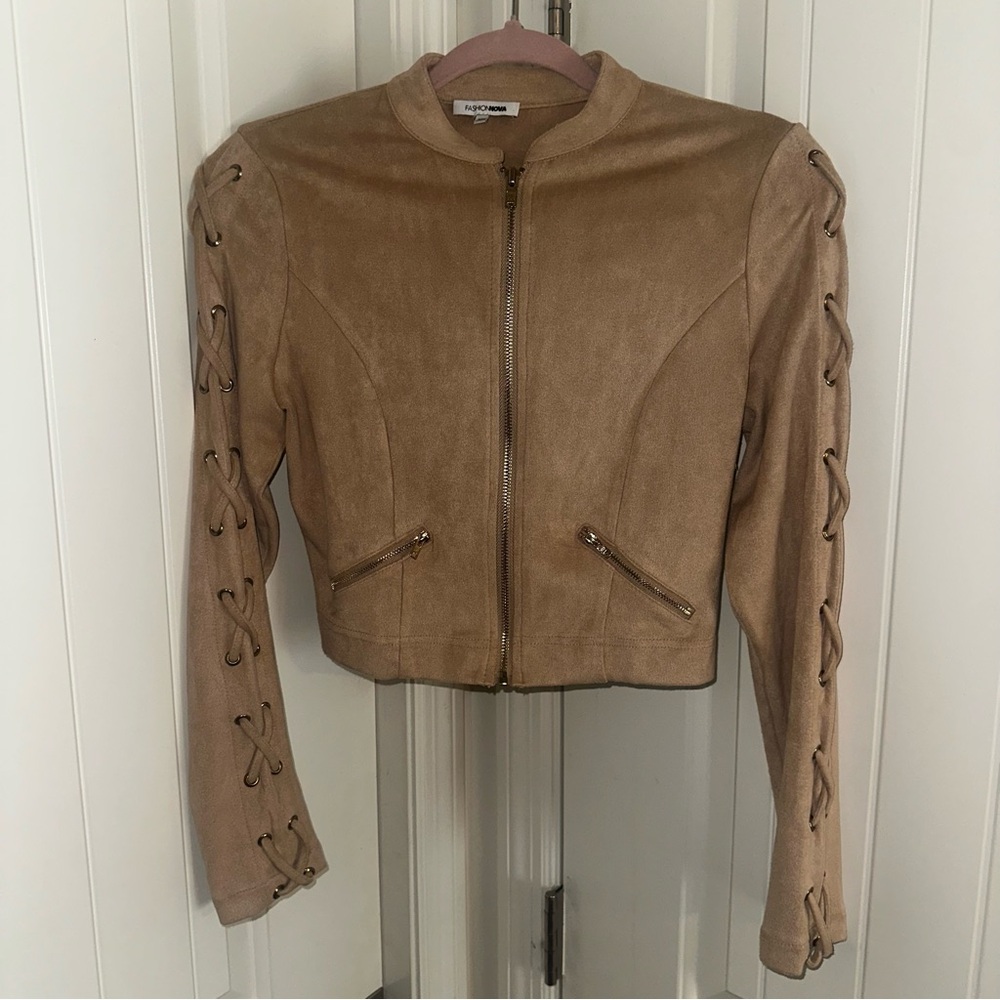 Fashion Nova Tan Bomber Jacket with Lace-Up Sleeves